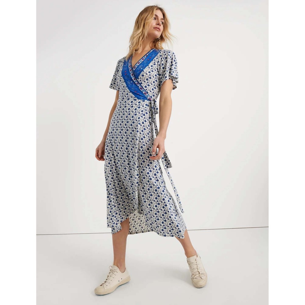 Lucky Brand Border Print Wrap Midi Dress M Blue Floral Boho Chic Cottage Prairie - Picture 2 of 16